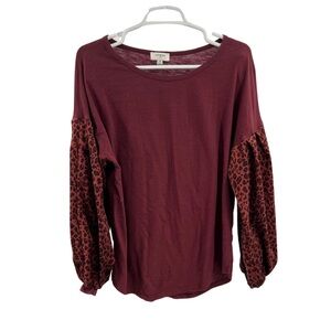 Umgee M maroon cotton velour leopard print balloon sleeve casual